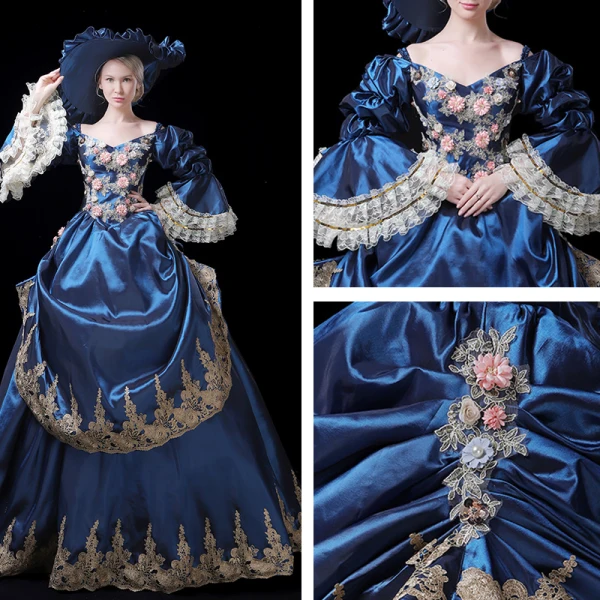 Vintage / Retro Medieval Navy Blue Ball Gown Prom Dresses 2021 V-Neck Long Sleeve Floor-Length / Long 3D Lace Handmade Embroidered Appliques Backless Flower Cosplay Prom Formal Dresses