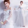 Chic / Beautiful White 2017 Evening Dresses  A-Line / Princess Tulle Lace Appliques Backless Beading Strapless Evening Party Formal Dresses