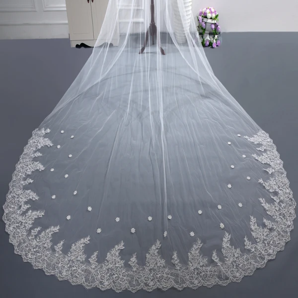 Chic / Beautiful White Cathedral Train Wedding Tulle Lace Backless Beading 3 m Wedding Veils 2018