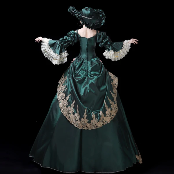 Vintage / Retro Medieval Navy Blue Ball Gown Prom Dresses 2021 V-Neck Long Sleeve Floor-Length / Long 3D Lace Handmade Embroidered Appliques Backless Flower Cosplay Prom Formal Dresses