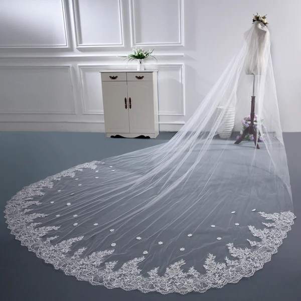 Chic / Beautiful White Cathedral Train Wedding Tulle Lace Backless Beading 3 m Wedding Veils 2018