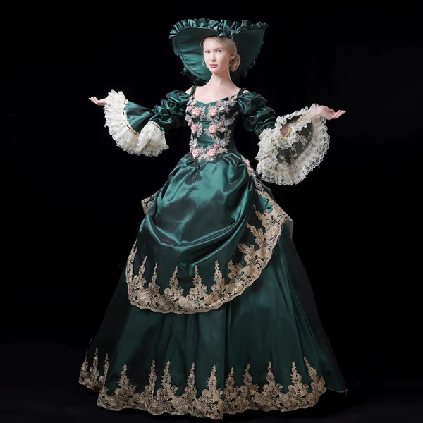 Vintage / Retro Medieval Navy Blue Ball Gown Prom Dresses 2021 V-Neck Long Sleeve Floor-Length / Long 3D Lace Handmade Embroidered Appliques Backless Flower Cosplay Prom Formal Dresses