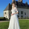 Chic / Beautiful Affordable White Plus Size Wedding Dresses A-Line / Princess Lace 1/2 Sleeves V-Neck Appliques Backless Embroidered Wedding 2020
