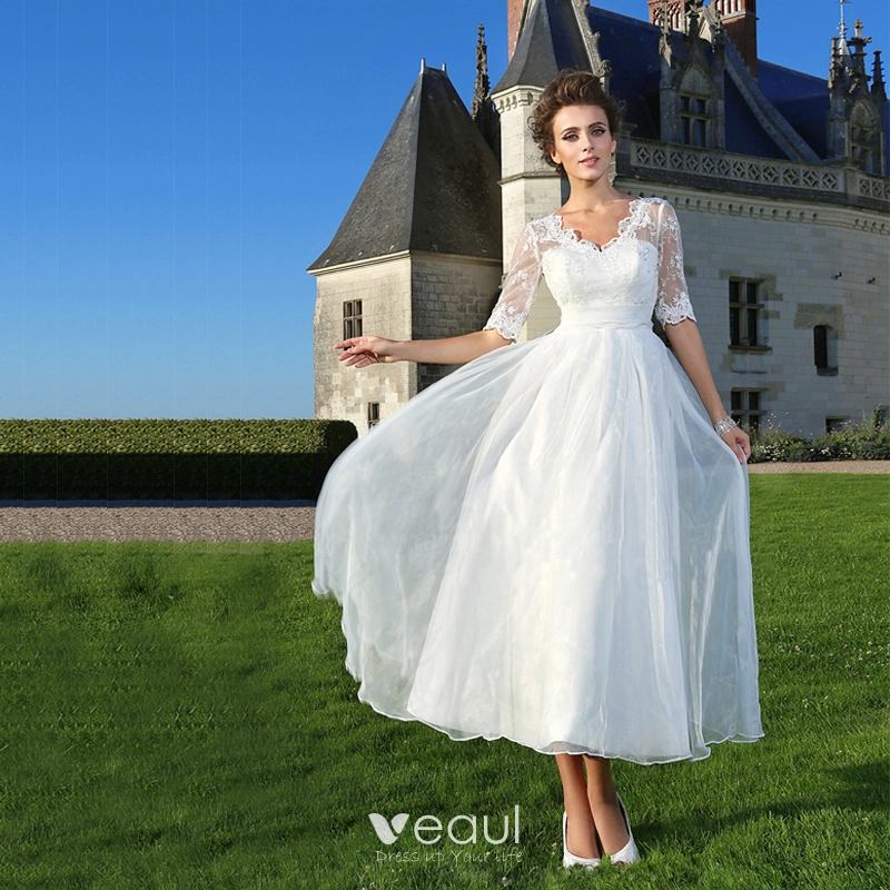 White Lace Wedding Dress V Neck A-Line Wedding Dress Short Sleeves Bac —  Bridelily