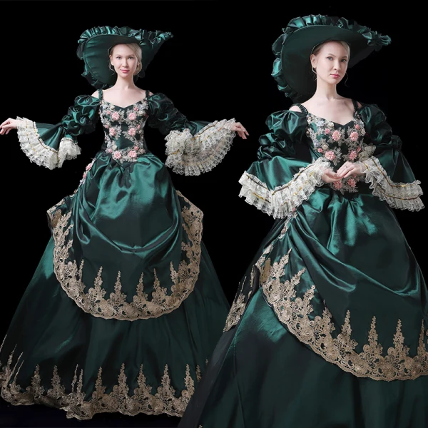 Vintage / Retro Medieval Navy Blue Ball Gown Prom Dresses 2021 V-Neck Long Sleeve Floor-Length / Long 3D Lace Handmade Embroidered Appliques Backless Flower Cosplay Prom Formal Dresses