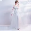 Chic / Beautiful White 2017 Evening Dresses  A-Line / Princess Tulle Lace Appliques Backless Beading Strapless Evening Party Formal Dresses