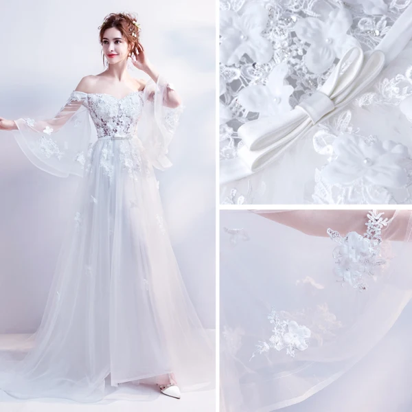Chic / Beautiful White 2017 Evening Dresses A-Line / Princess Tulle Lace Appliques Backless Beading Strapless Evening Party Formal Dresses