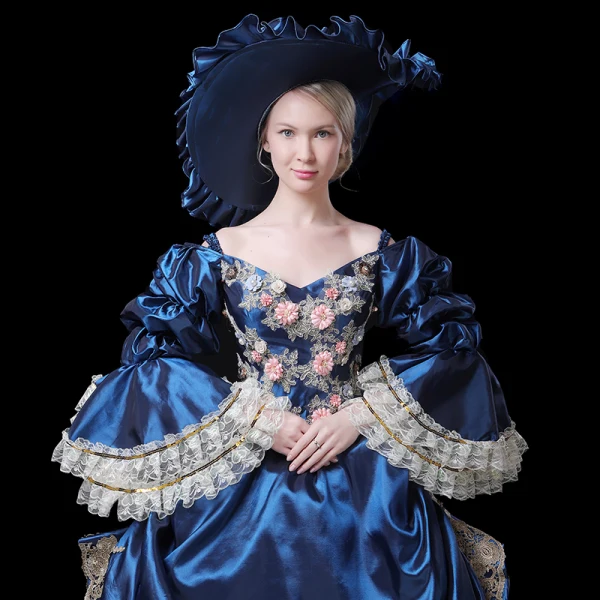 Vintage / Retro Medieval Navy Blue Ball Gown Prom Dresses 2021 V-Neck Long Sleeve Floor-Length / Long 3D Lace Handmade Embroidered Appliques Backless Flower Cosplay Prom Formal Dresses