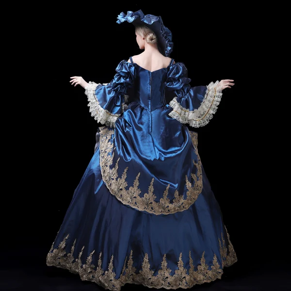 Vintage / Retro Medieval Navy Blue Ball Gown Prom Dresses 2021 V-Neck Long Sleeve Floor-Length / Long 3D Lace Handmade Embroidered Appliques Backless Flower Cosplay Prom Formal Dresses