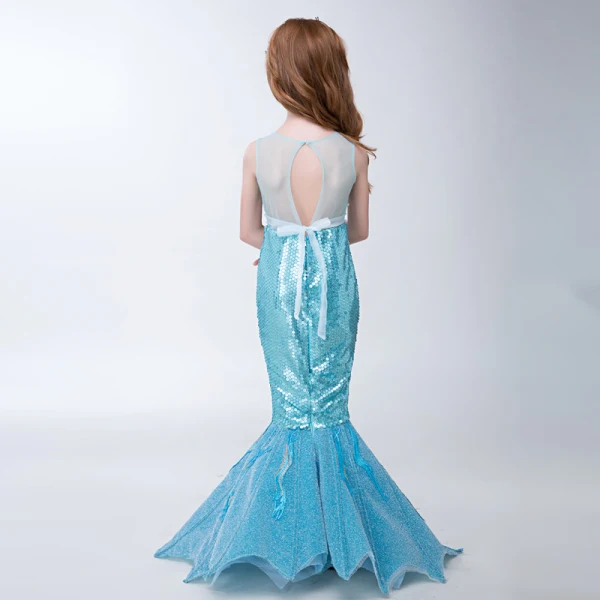 Amazing / Unique Hall Wedding Party Dresses 2017 Flower Girl Dresses Pool Blue Sequins Trumpet / Mermaid Glitter Floor-Length / Long Sash Scoop Neck Sleeveless Backless Flower Appliques Pearl