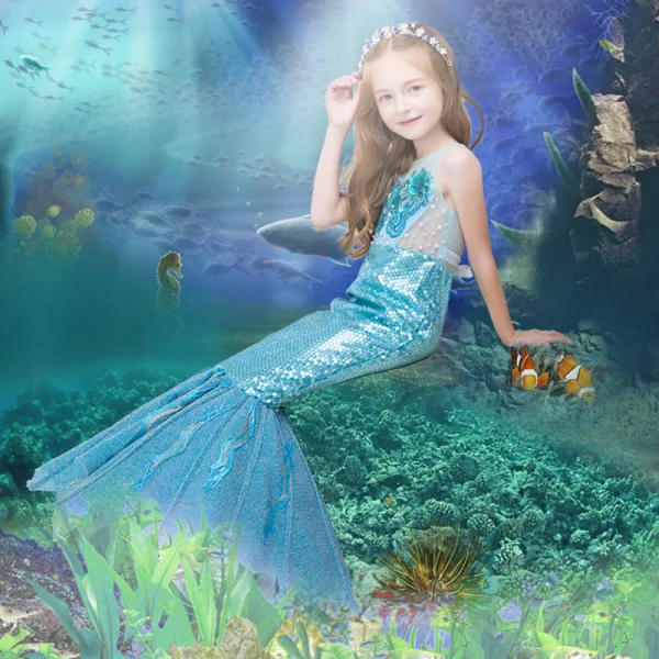 Amazing / Unique Hall Wedding Party Dresses 2017 Flower Girl Dresses Pool Blue Sequins Trumpet / Mermaid Glitter Floor-Length / Long Sash Scoop Neck Sleeveless Backless Flower Appliques Pearl