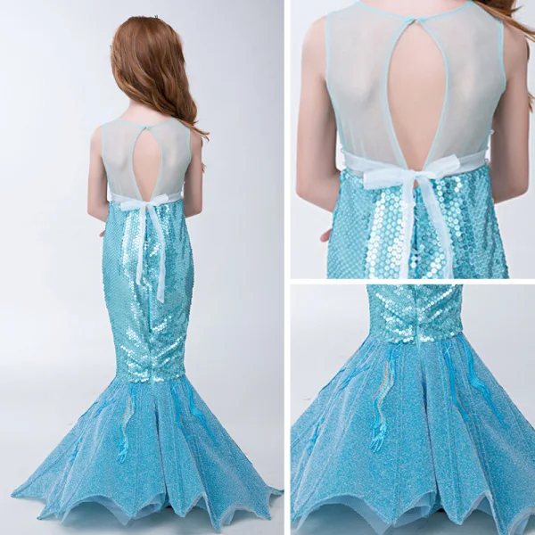 Amazing / Unique Hall Wedding Party Dresses 2017 Flower Girl Dresses Pool Blue Sequins Trumpet / Mermaid Glitter Floor-Length / Long Sash Scoop Neck Sleeveless Backless Flower Appliques Pearl