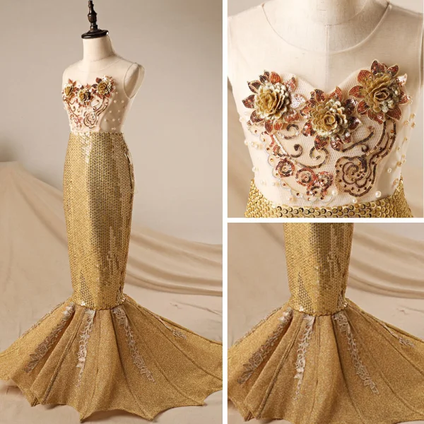 Amazing / Unique Hall Wedding Party Dresses 2017 Flower Girl Dresses Pool Blue Sequins Trumpet / Mermaid Glitter Floor-Length / Long Sash Scoop Neck Sleeveless Backless Flower Appliques Pearl