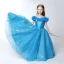 Chic / Beautiful Church Wedding Party Dresses 2017 Flower Girl Dresses Pool Blue Ball Gown Floor-Length / Long V-Neck Short Sleeve Backless Flower Appliques