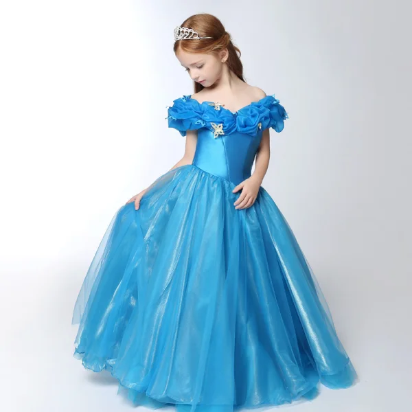 Chic / Beautiful Church Wedding Party Dresses 2017 Flower Girl Dresses Pool Blue Ball Gown Floor-Length / Long V-Neck Short Sleeve Backless Flower Appliques
