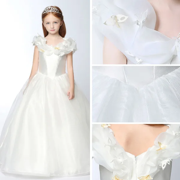 Chic / Beautiful Church Wedding Party Dresses 2017 Flower Girl Dresses Pool Blue Ball Gown Floor-Length / Long V-Neck Short Sleeve Backless Flower Appliques