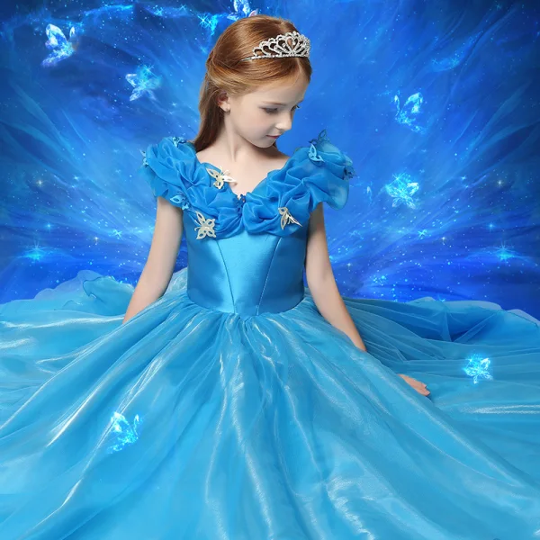 Chic / Beautiful Church Wedding Party Dresses 2017 Flower Girl Dresses Pool Blue Ball Gown Floor-Length / Long V-Neck Short Sleeve Backless Flower Appliques