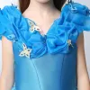 Chic / Beautiful Church Wedding Party Dresses 2017 Flower Girl Dresses Pool Blue Ball Gown Floor-Length / Long V-Neck Short Sleeve Backless Flower Appliques