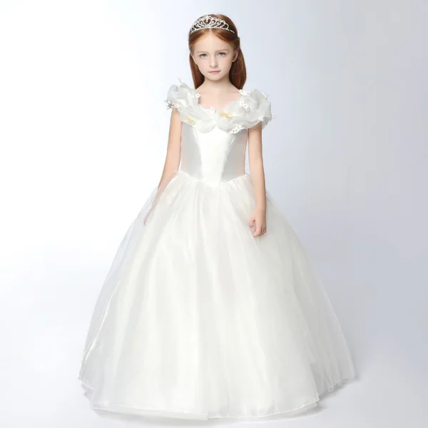 Chic / Beautiful Church Wedding Party Dresses 2017 Flower Girl Dresses Pool Blue Ball Gown Floor-Length / Long V-Neck Short Sleeve Backless Flower Appliques