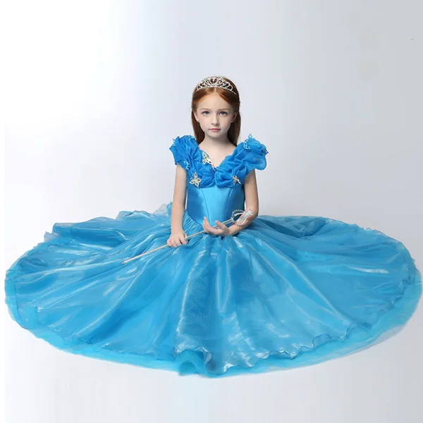 Chic / Beautiful Church Wedding Party Dresses 2017 Flower Girl Dresses Pool Blue Ball Gown Floor-Length / Long V-Neck Short Sleeve Backless Flower Appliques