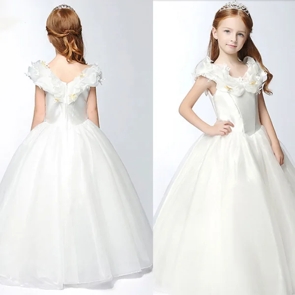 Chic / Beautiful Church Wedding Party Dresses 2017 Flower Girl Dresses Pool Blue Ball Gown Floor-Length / Long V-Neck Short Sleeve Backless Flower Appliques