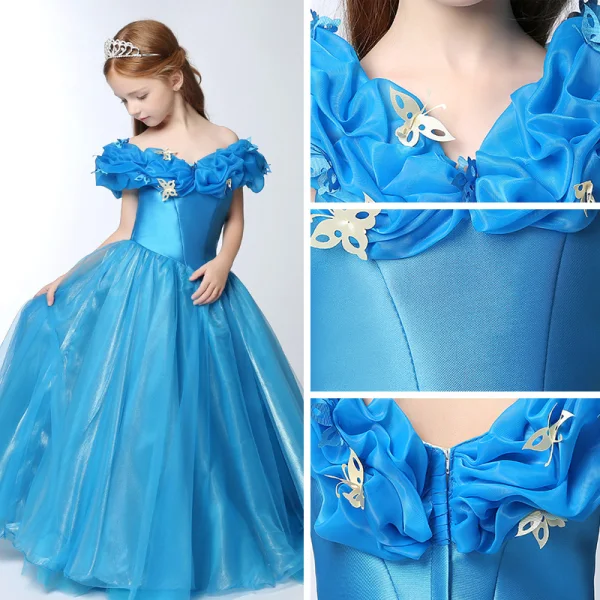 Chic / Beautiful Church Wedding Party Dresses 2017 Flower Girl Dresses Pool Blue Ball Gown Floor-Length / Long V-Neck Short Sleeve Backless Flower Appliques