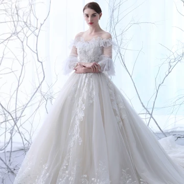 Chic Beautiful Champagne See Through Wedding Dresses 2018 Ball Gown Off The Shoulder 3 4 Sleeve Backless Appliques Lace Beading Ruffle Cathedral Train