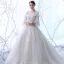 Schöne Champagner Durchsichtige Brautkleider 2018 Ballkleid Off Shoulder 3/4 Ärmel Rückenfreies Applikationen Mit Spitze Perlenstickerei Rüschen Kathedrale Schleppe