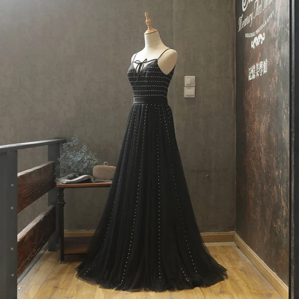 Modern / Fashion Black Summer Evening Dresses 2018 A-Line / Princess Spaghetti Straps Sleeveless Sash Beading Floor-Length / Long Ruffle Backless Formal Dresses