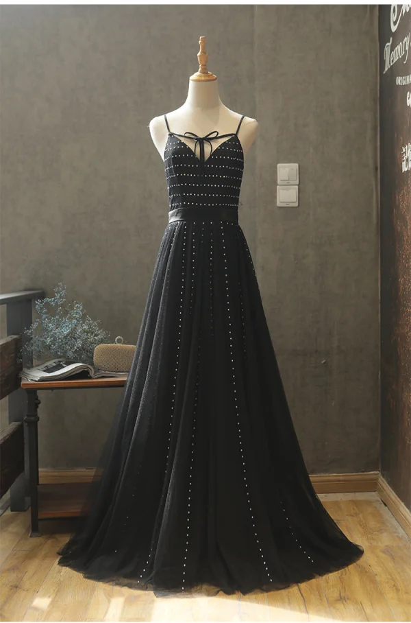 Modern / Fashion Black Summer Evening Dresses 2018 A-Line / Princess Spaghetti Straps Sleeveless Sash Beading Floor-Length / Long Ruffle Backless Formal Dresses