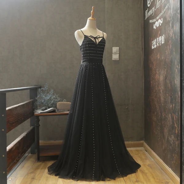 Modern / Fashion Black Summer Evening Dresses 2018 A-Line / Princess Spaghetti Straps Sleeveless Sash Beading Floor-Length / Long Ruffle Backless Formal Dresses