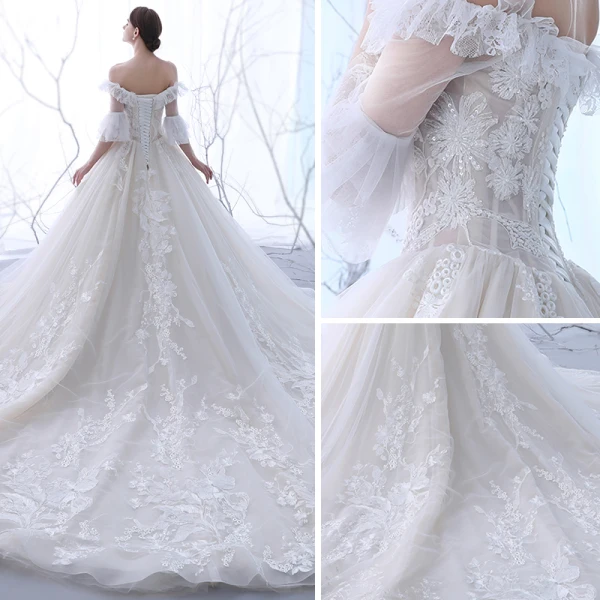 Schöne Champagner Durchsichtige Brautkleider 2018 Ballkleid Off Shoulder 3/4 Ärmel Rückenfreies Applikationen Mit Spitze Perlenstickerei Rüschen Kathedrale Schleppe