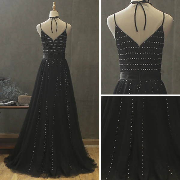 Modern / Fashion Black Summer Evening Dresses 2018 A-Line / Princess Spaghetti Straps Sleeveless Sash Beading Floor-Length / Long Ruffle Backless Formal Dresses