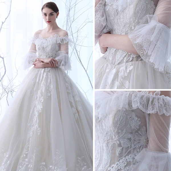 Schöne Champagner Durchsichtige Brautkleider 2018 Ballkleid Off Shoulder 3/4 Ärmel Rückenfreies Applikationen Mit Spitze Perlenstickerei Rüschen Kathedrale Schleppe