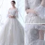 Schöne Champagner Durchsichtige Brautkleider 2018 Ballkleid Off Shoulder 3/4 Ärmel Rückenfreies Applikationen Mit Spitze Perlenstickerei Rüschen Kathedrale Schleppe