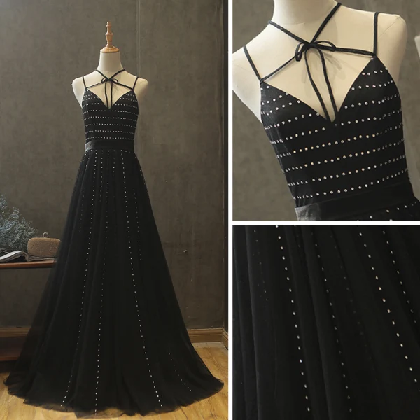 Modern / Fashion Black Summer Evening Dresses 2018 A-Line / Princess Spaghetti Straps Sleeveless Sash Beading Floor-Length / Long Ruffle Backless Formal Dresses