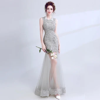 Chic Beautiful Grey Evening Dresses 2017 Lace Trumpet Mermaid High Neck Appliques Backless Pierced Formal Dresses