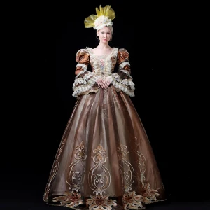 Modest Simple Medieval Brown Ball Gown Prom Dresses 2021 Long Sleeve Square Neckline Floor Length Long Zipper Up 3 D Lace Appliques Embroidered Flower Printing Cosplay Prom Formal Dresses