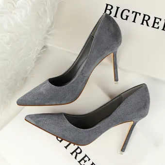 Modest Simple Grey Ol Office Suede Pumps High Heels 2022 9 Cm Stiletto Heels Pointed Toe Pumps