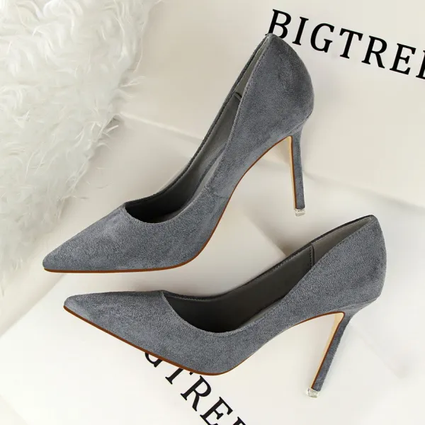 Modest / Simple Grey OL Office Suede Pumps High Heels 2022 9 cm Stiletto Heels Pointed Toe Pumps