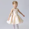 Affordable Hall Wedding Party Dresses 2017 Flower Girl Dresses Champagne Knee-Length A-Line / Princess Cascading Ruffles Backless Scoop Neck Sleeveless Bow Sash