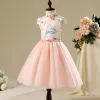 Chinese style Church Wedding Party Dresses 2017 Flower Girl Dresses Pearl Pink Knee-Length A-Line / Princess High Neck Short Sleeve Butterfly Printing