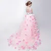 Chic / Beautiful Church Wedding Party Dresses 2017 Flower Girl Dresses Blushing Pink Asymmetrical Ball Gown Scoop Neck Backless Heart-shaped Sleeveless Sash Flower Butterfly Appliques