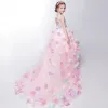 Chic / Beautiful Church Wedding Party Dresses 2017 Flower Girl Dresses Blushing Pink Asymmetrical Ball Gown Scoop Neck Backless Heart-shaped Sleeveless Sash Flower Butterfly Appliques