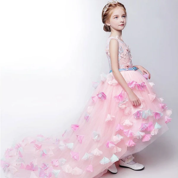 Chic / Beautiful Church Wedding Party Dresses 2017 Flower Girl Dresses Blushing Pink Asymmetrical Ball Gown Scoop Neck Backless Heart-shaped Sleeveless Sash Flower Butterfly Appliques