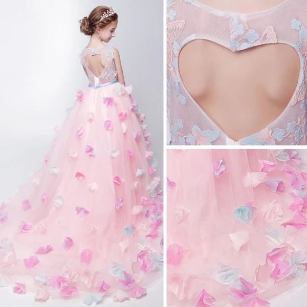 Chic / Beautiful Church Wedding Party Dresses 2017 Flower Girl Dresses Blushing Pink Asymmetrical Ball Gown Scoop Neck Backless Heart-shaped Sleeveless Sash Flower Butterfly Appliques