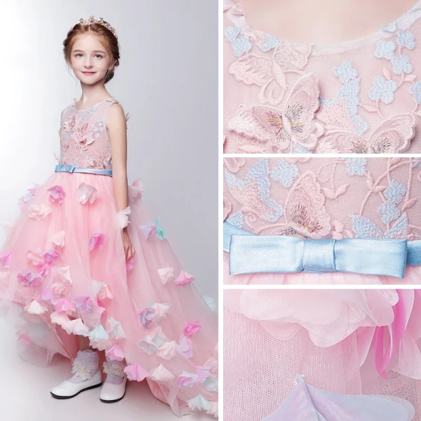 Chic / Beautiful Church Wedding Party Dresses 2017 Flower Girl Dresses Blushing Pink Asymmetrical Ball Gown Scoop Neck Backless Heart-shaped Sleeveless Sash Flower Butterfly Appliques