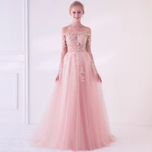 Élégant Perle Rose Transparentes Robe De Bal 2018 Princesse De L 039 Épaule Manches Longues Appliques En Dentelle Perle Train De Balayage Volants Dos Nu Robe De Ceremonie