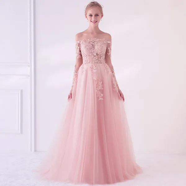 Elegant Pearl Pink See-through Prom Dresses 2018 A-Line / Princess Off-The-Shoulder Long Sleeve Appliques Lace Pearl Sweep Train Ruffle Backless Formal Dresses