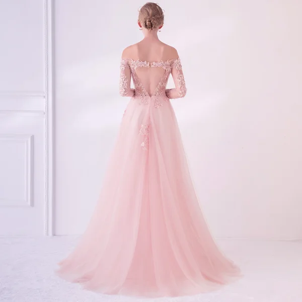 Élégant Perle Rose Transparentes Robe De Bal 2018 Princesse De l'épaule Manches Longues Appliques En Dentelle Perle Train De Balayage Volants Dos Nu Robe De Ceremonie